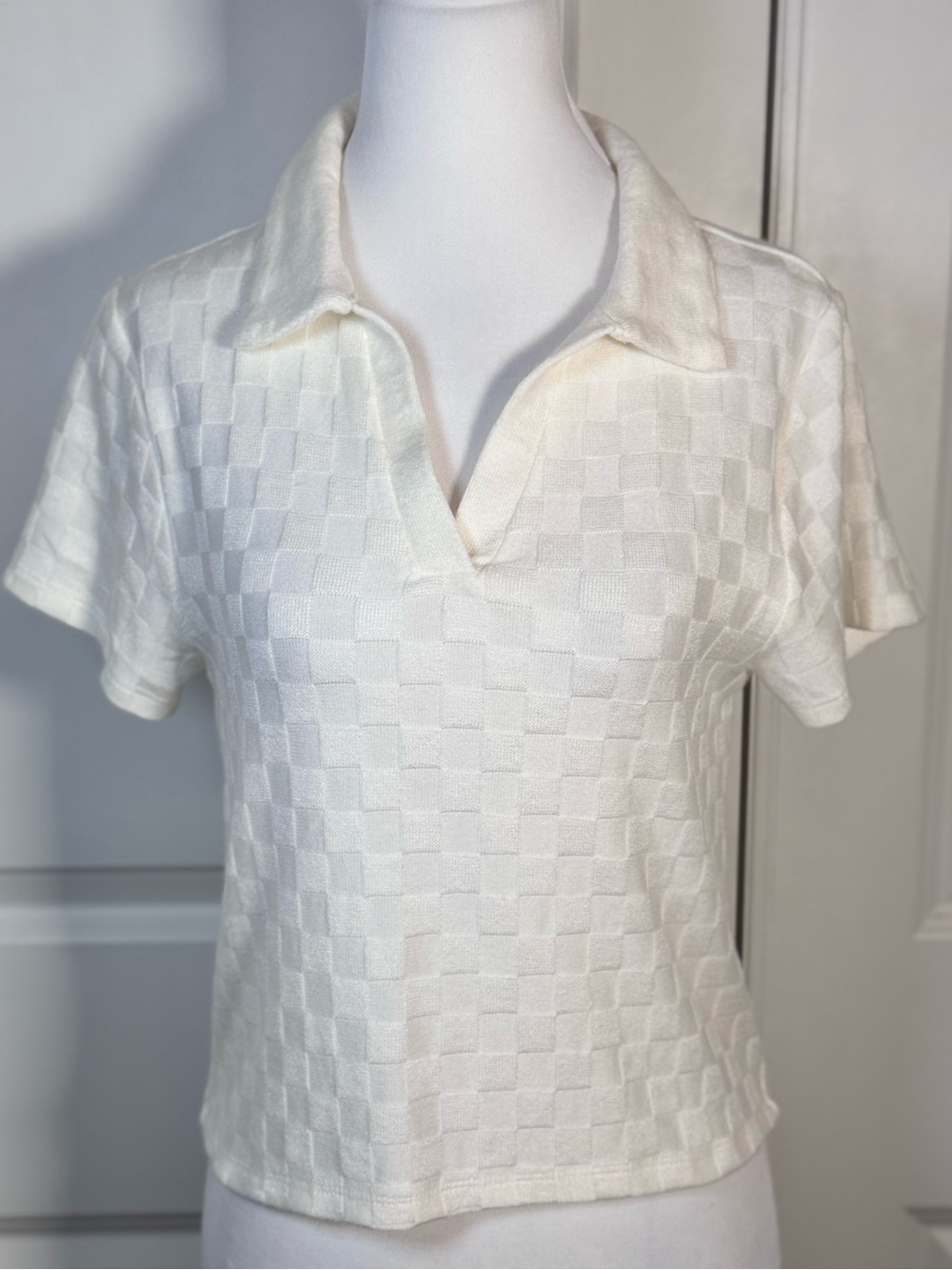 Ivory Checkerboard Knit Polo Top M Textured Johnny Collar Preppy Cropped Tennis